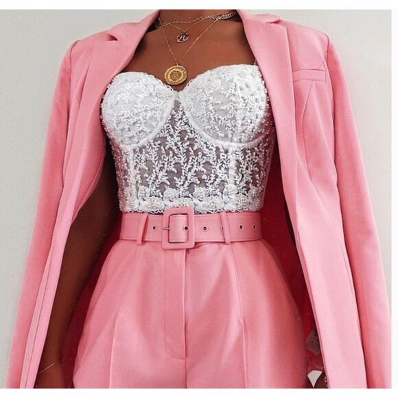 White Hand Beaded Corset Bustier Top Bra Sleeveless Size L Lace Festival Western - Picture 2 of 7